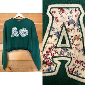 Vtg vintage Alpha phi sorority Greek sweatshirt spirit green crop floral 90s OS